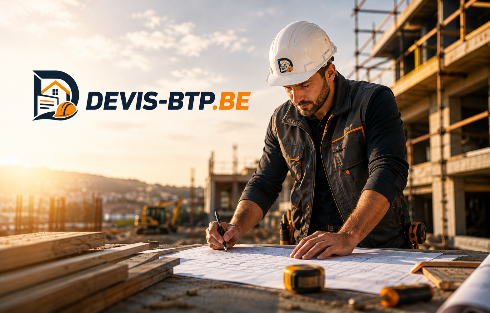 Artisan sur un chantier, plans sur l’établi